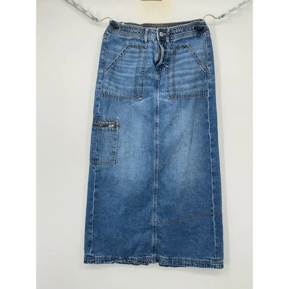 American Eagle Womens Low Rise Maxi Denim Skirt Size 2 Medium Wash Cargo Pocket - Picture 2 of 12